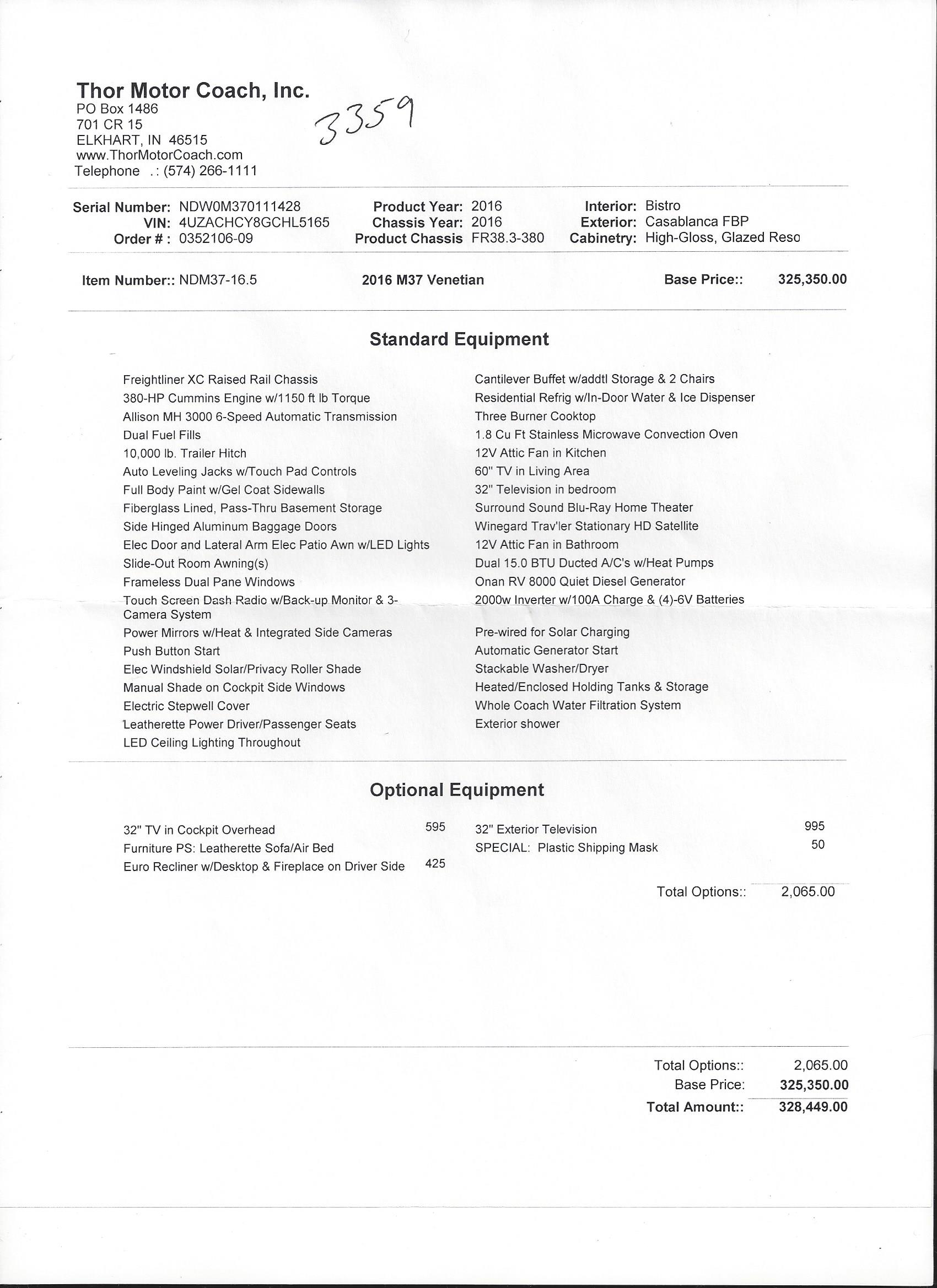 2016 Thor Venetian M37 MSRP Sheet