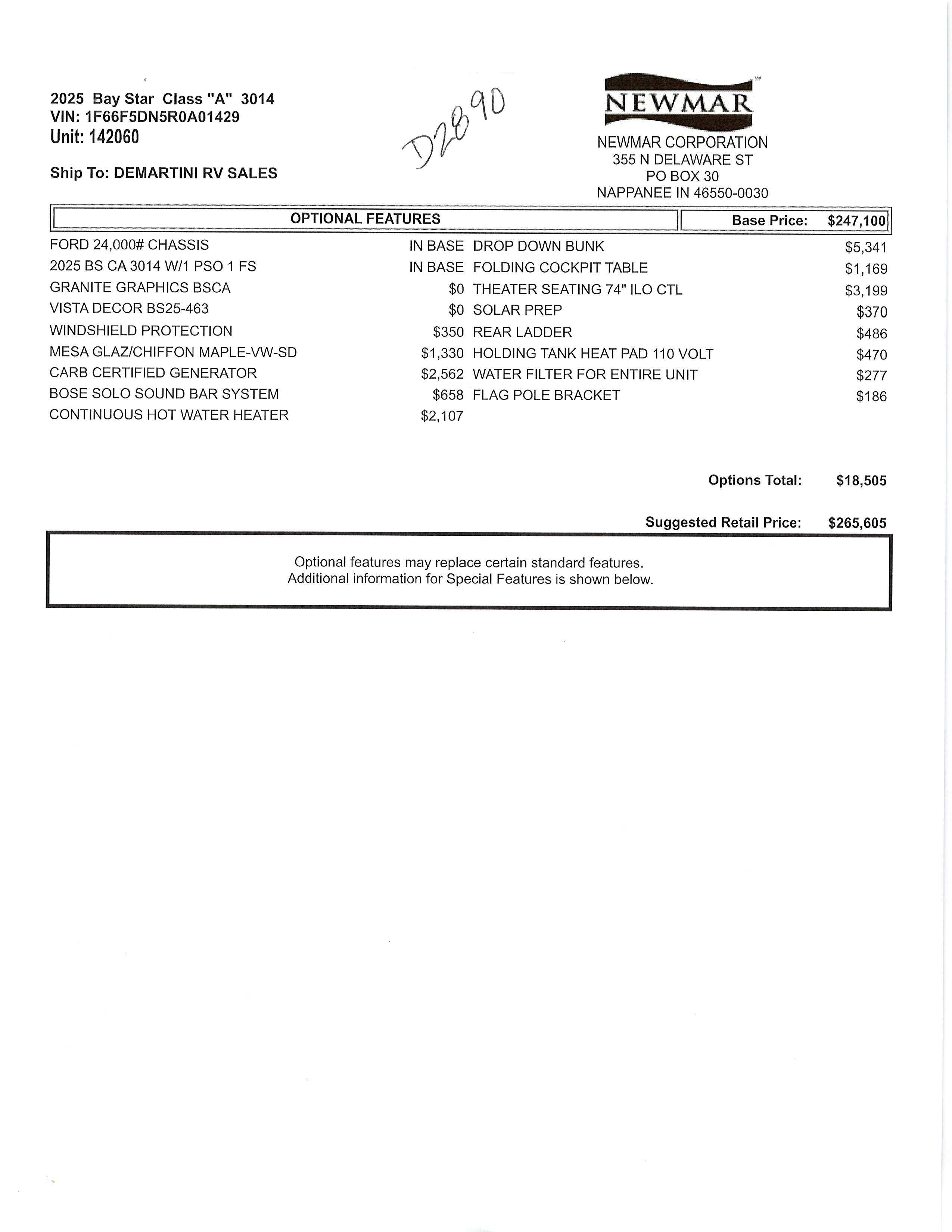 2025 Newmar Bay Star 3014 MSRP Sheet