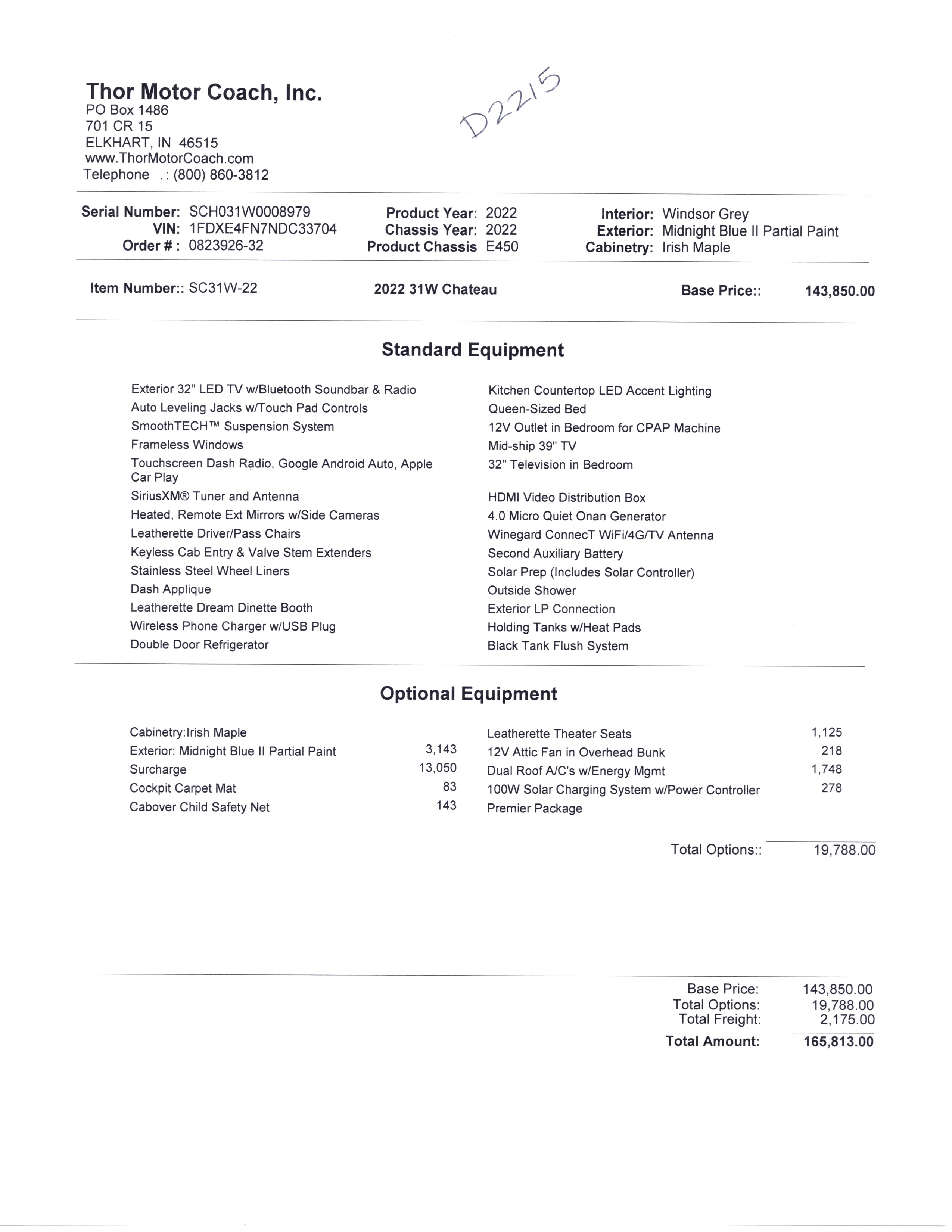 2022 Thor Chateau 31W MSRP Sheet