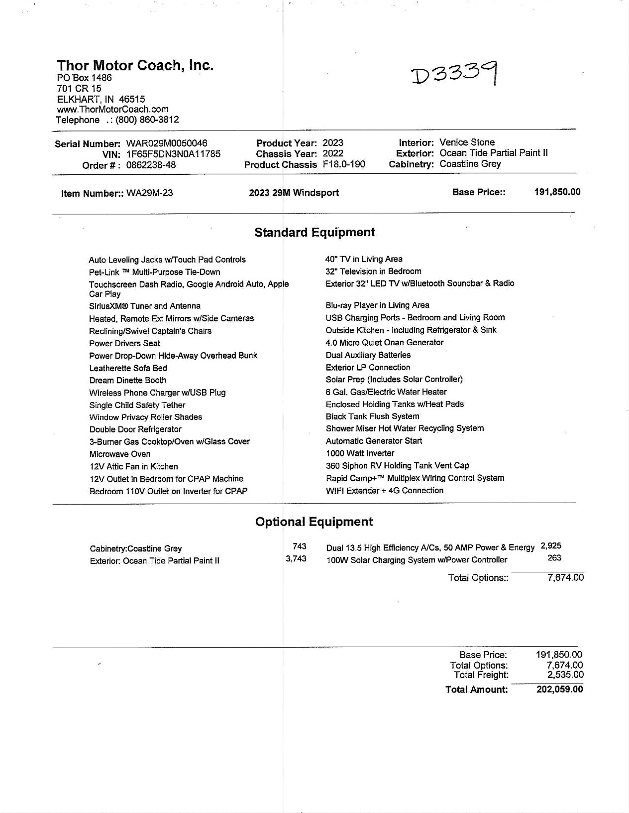2023 Thor Windsport 29M MSRP Sheet