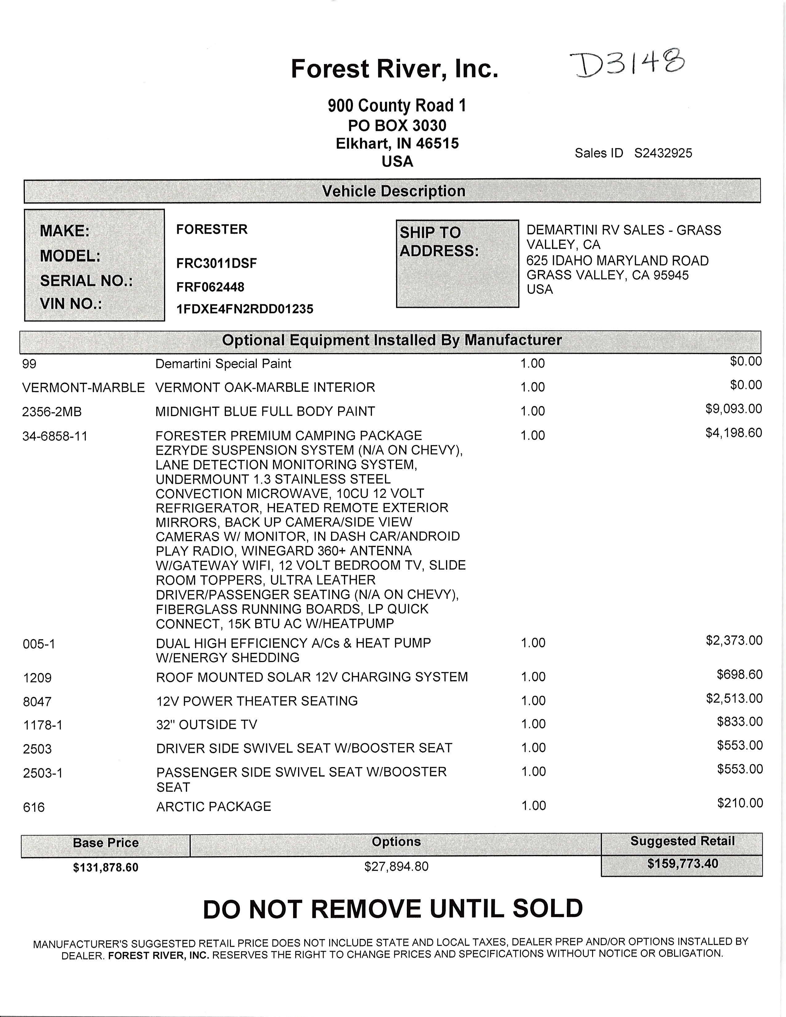 2023 Forest River Forester 3011DS MSRP Sheet
