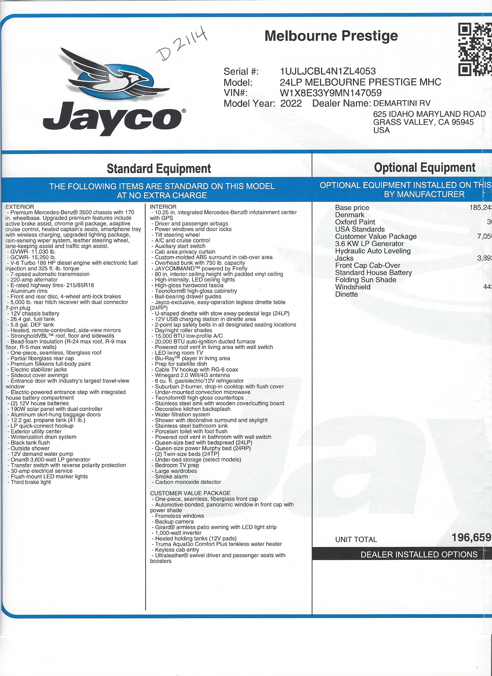 2022 Jayco Melbourne 24LP MSRP Sheet
