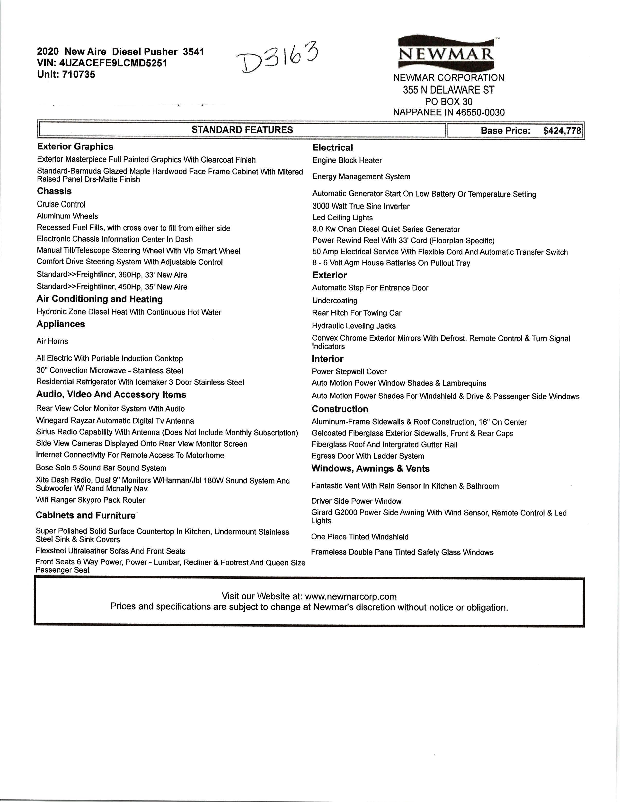 2020 Newmar New Aire 3541 MSRP Sheet