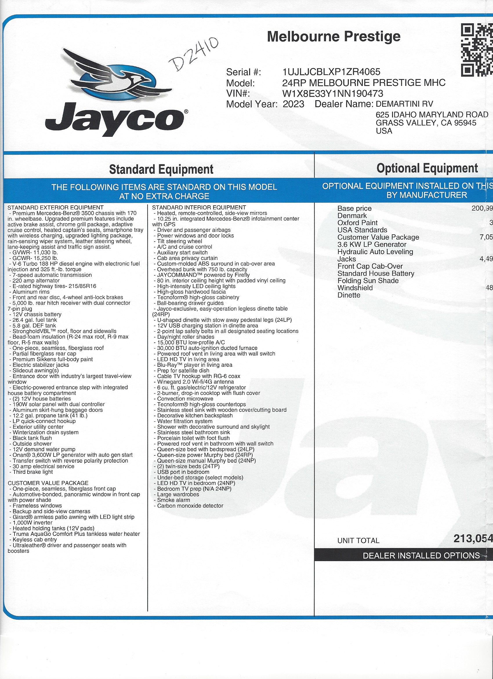 2023 Jayco Melbourne Prestige 24RP MSRP Sheet