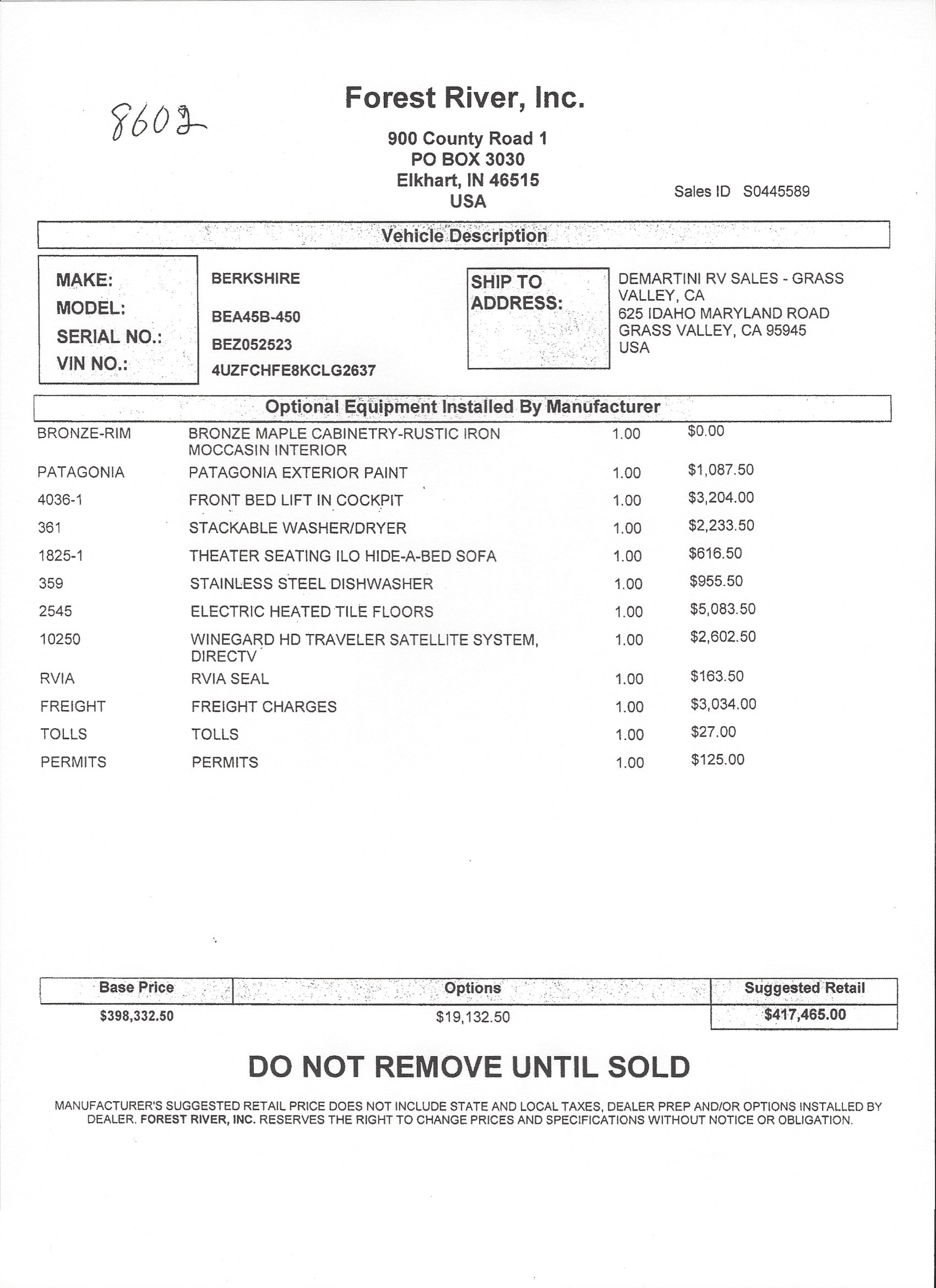 2019 Forest River Berkshire XLT 45B MSRP Sheet