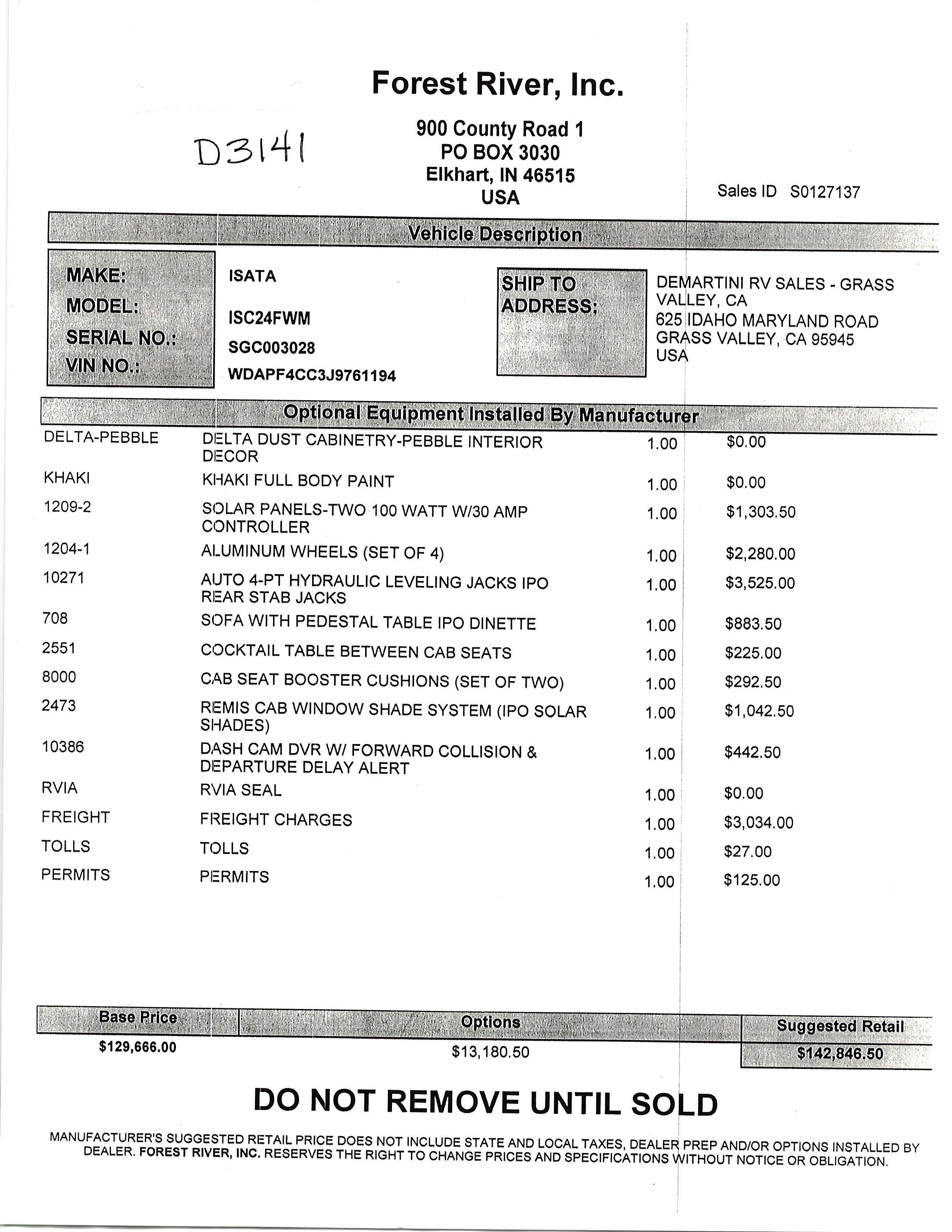 2019 Dynamax Isata 3 24FW MSRP Sheet