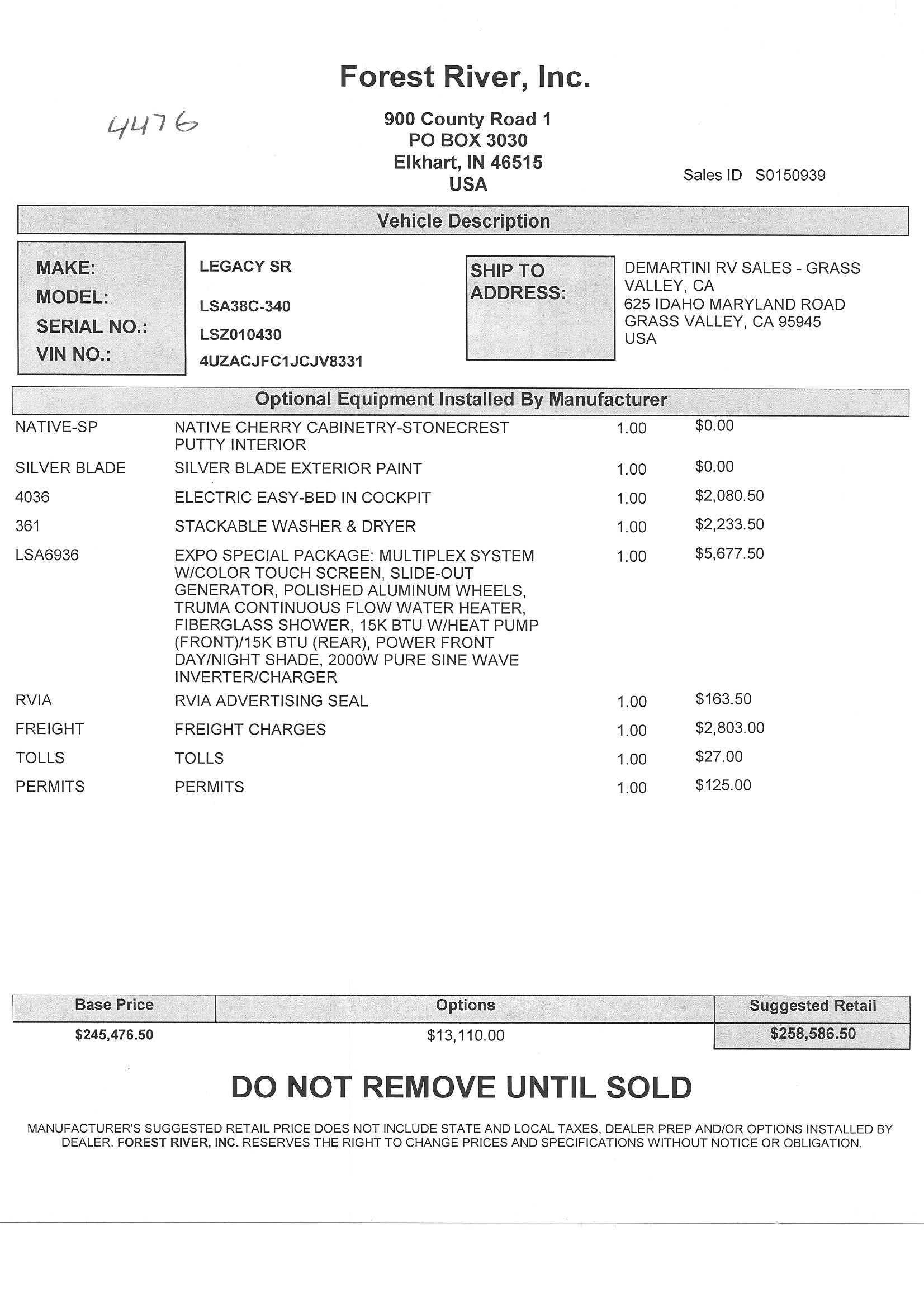 2018 Forest River Legacy 38C MSRP Sheet