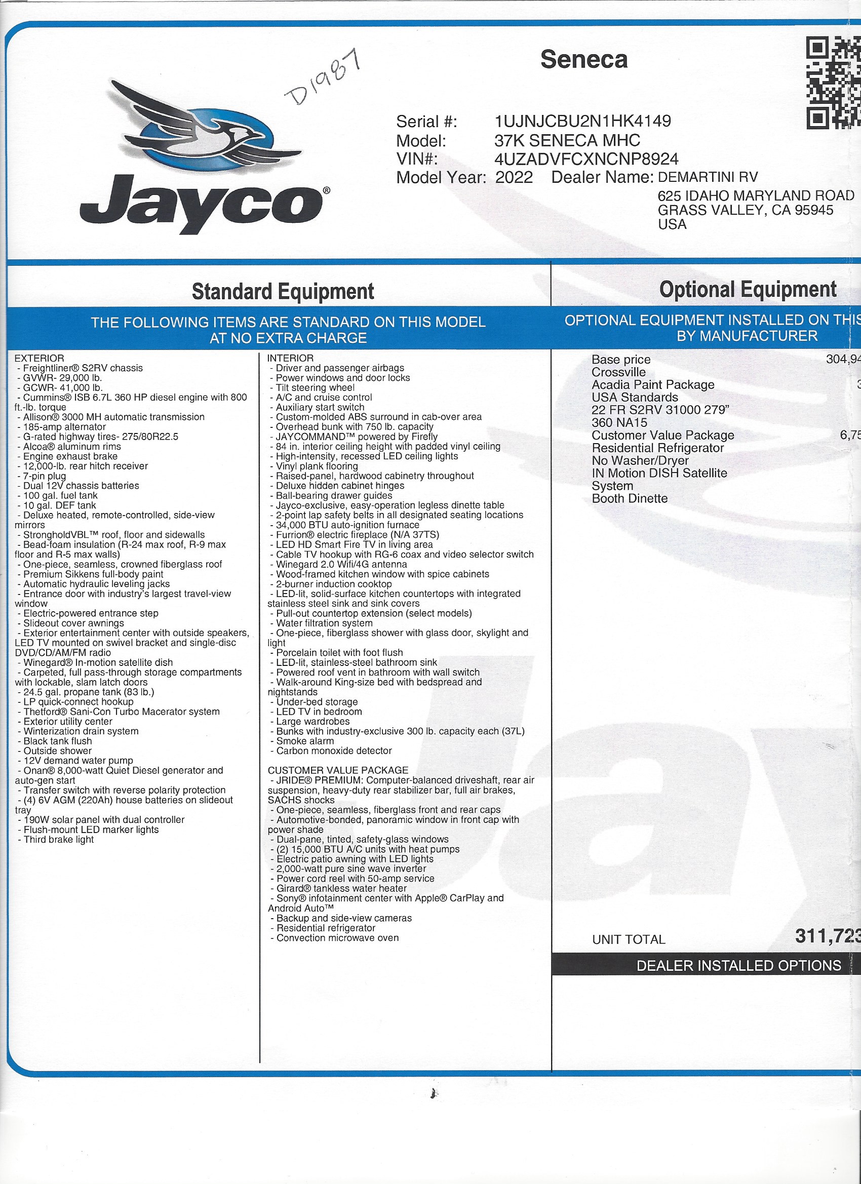 2022 Jayco Seneca 37K MSRP Sheet