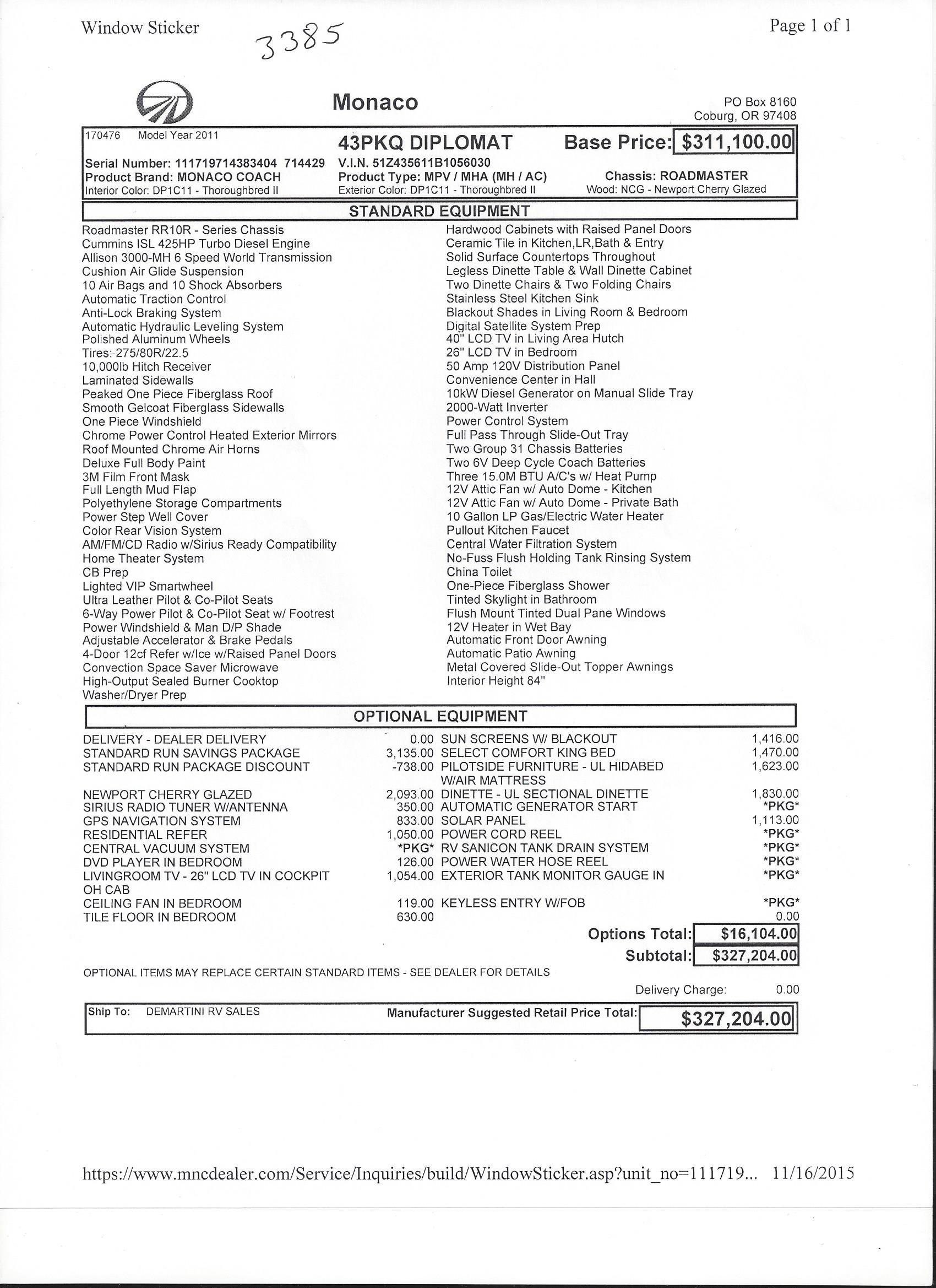 2011 Monaco Diplomat 43PKQ MSRP Sheet