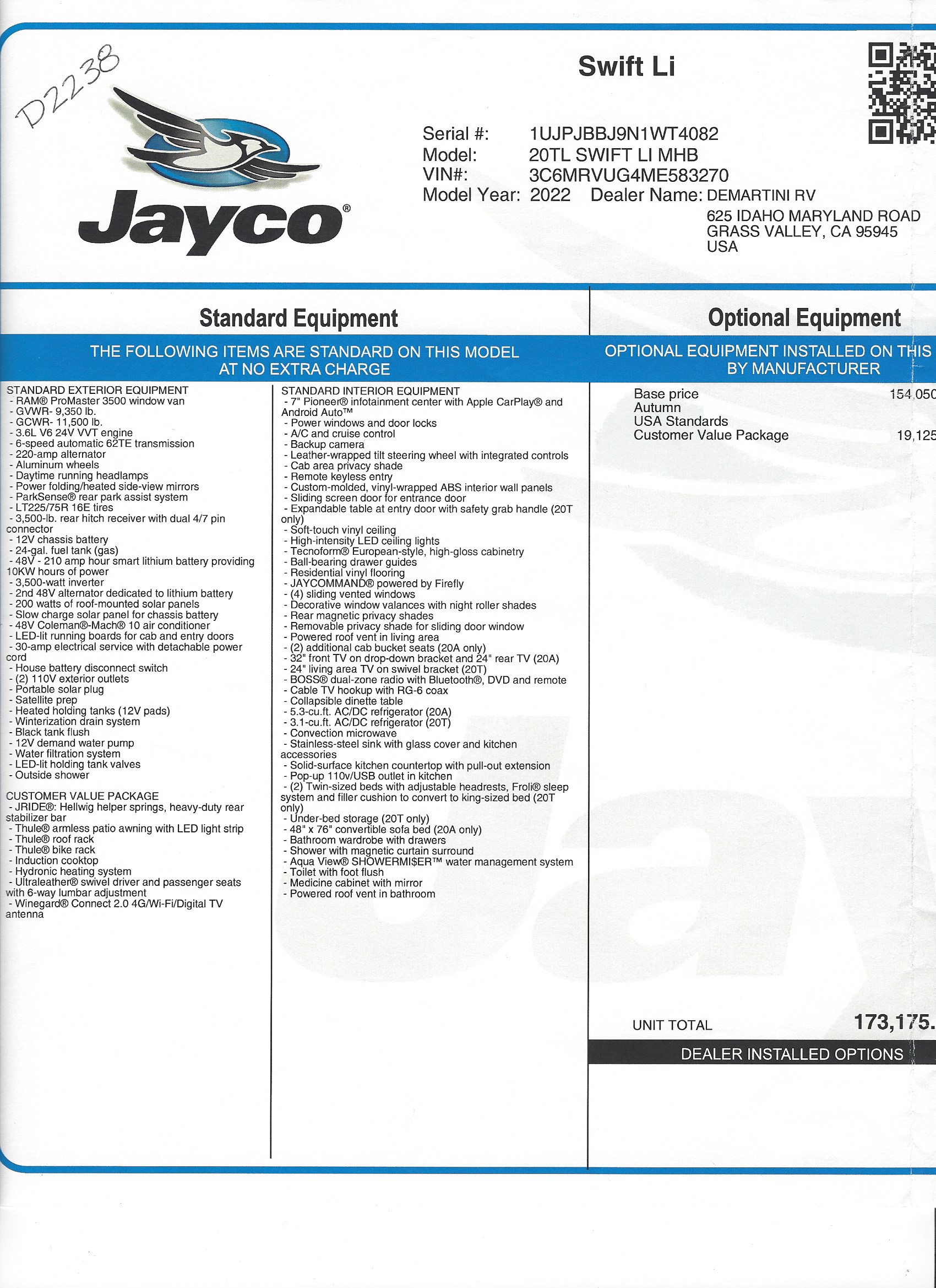 2022 Jayco Swift Li 20TL MSRP Sheet