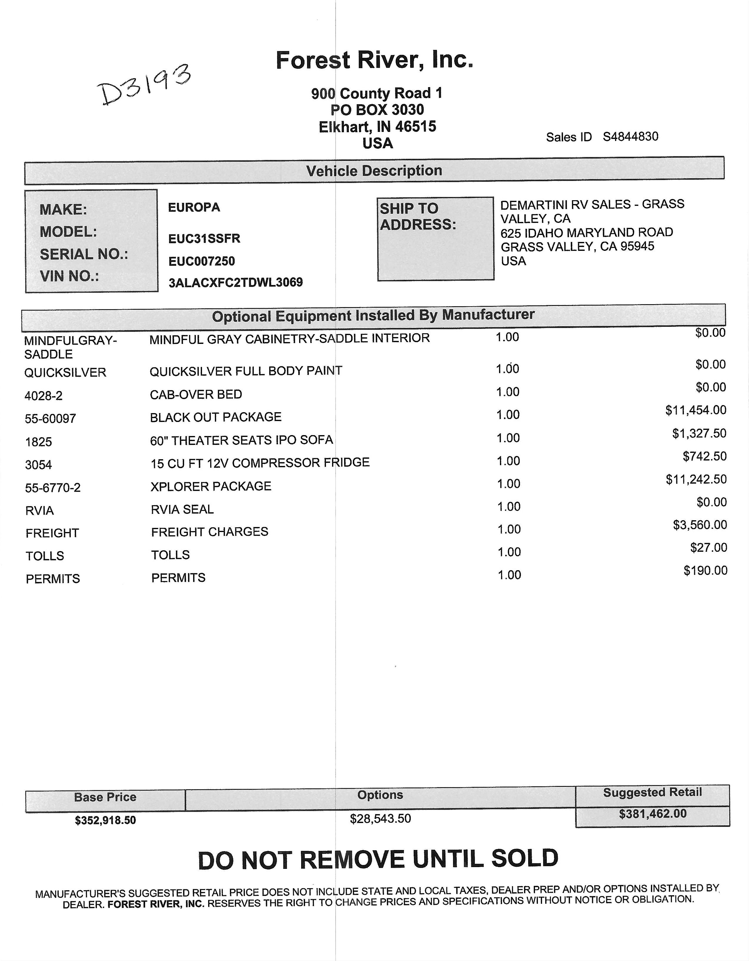 2026 Dynamax Europa 31SS MSRP Sheet