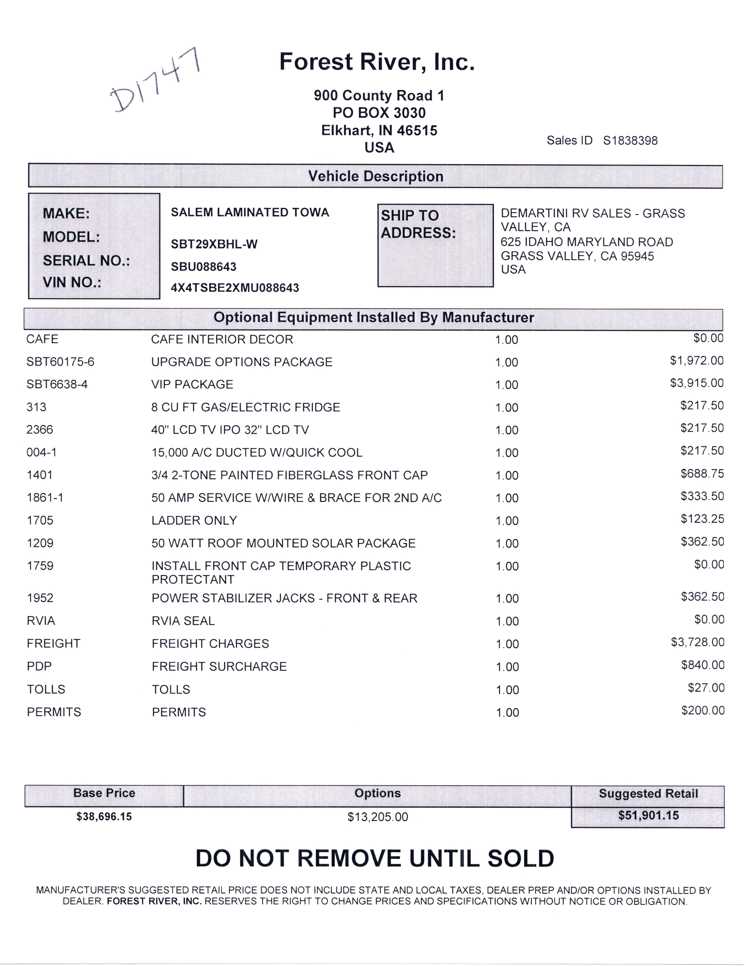 2021 Forest River Salem Hemisphere Hyper-Lyte 29XBHL MSRP Sheet