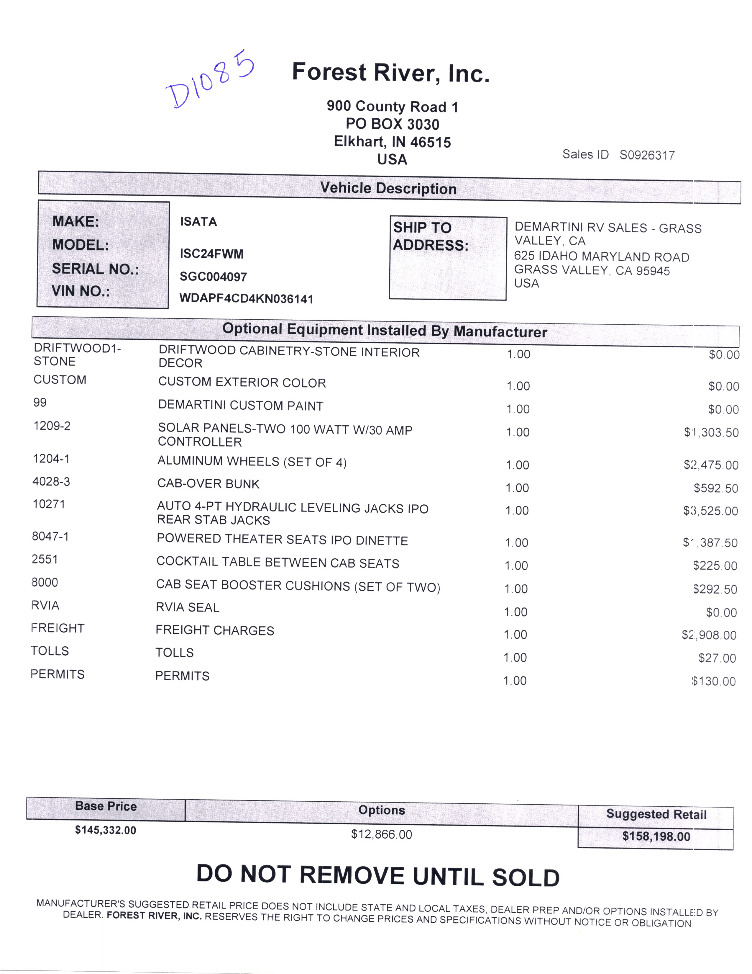 2021 Dynamax Isata 3 24FW MSRP Sheet