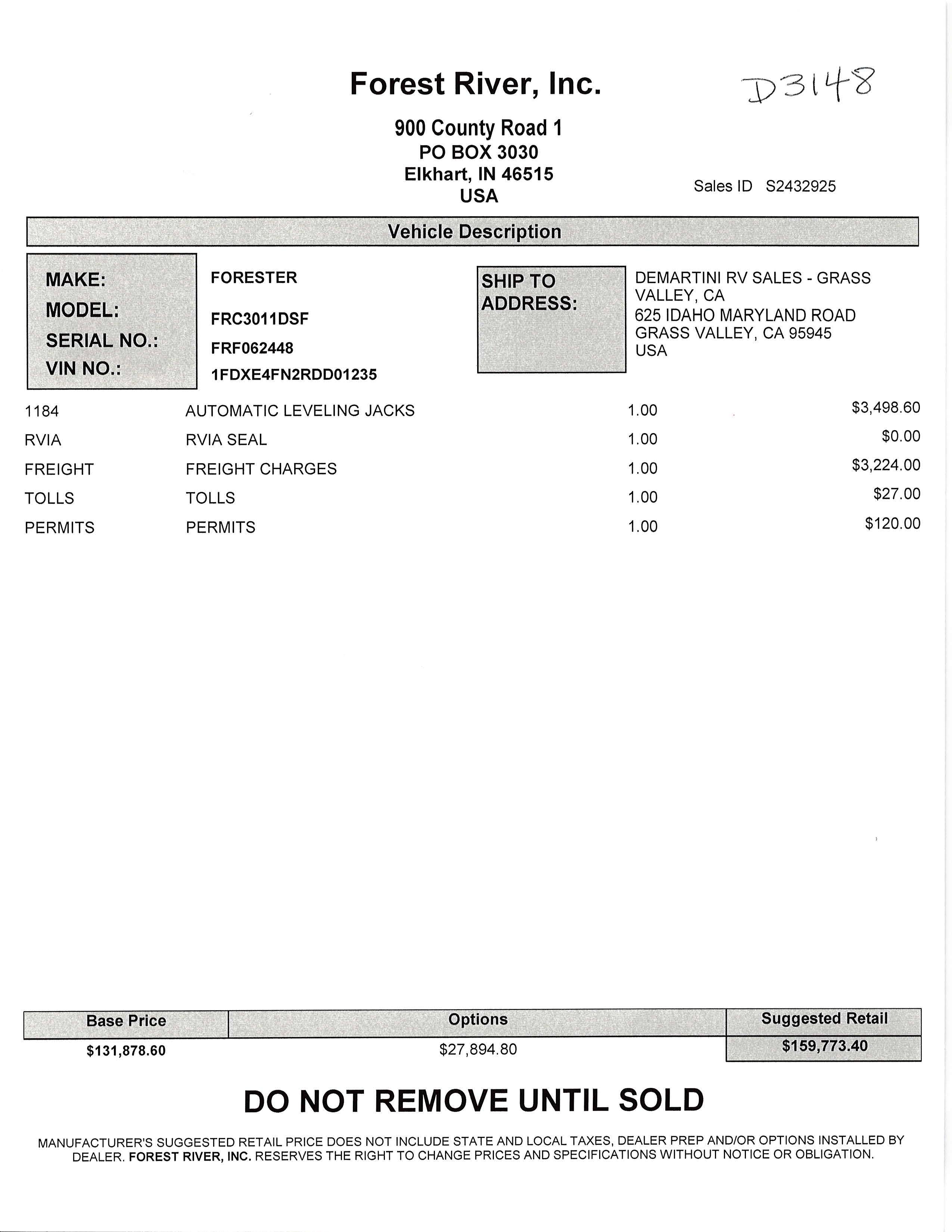 2023 Forest River Forester 3011DS MSRP Sheet
