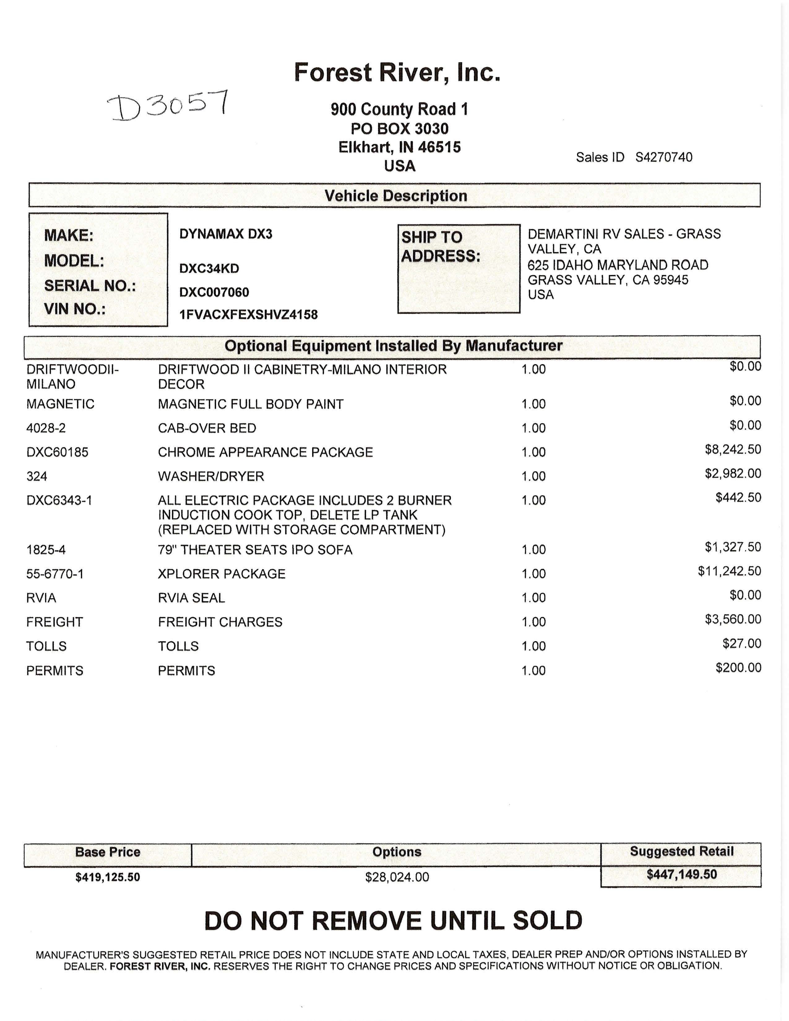 2026 Dynamax DX3 34KD MSRP Sheet