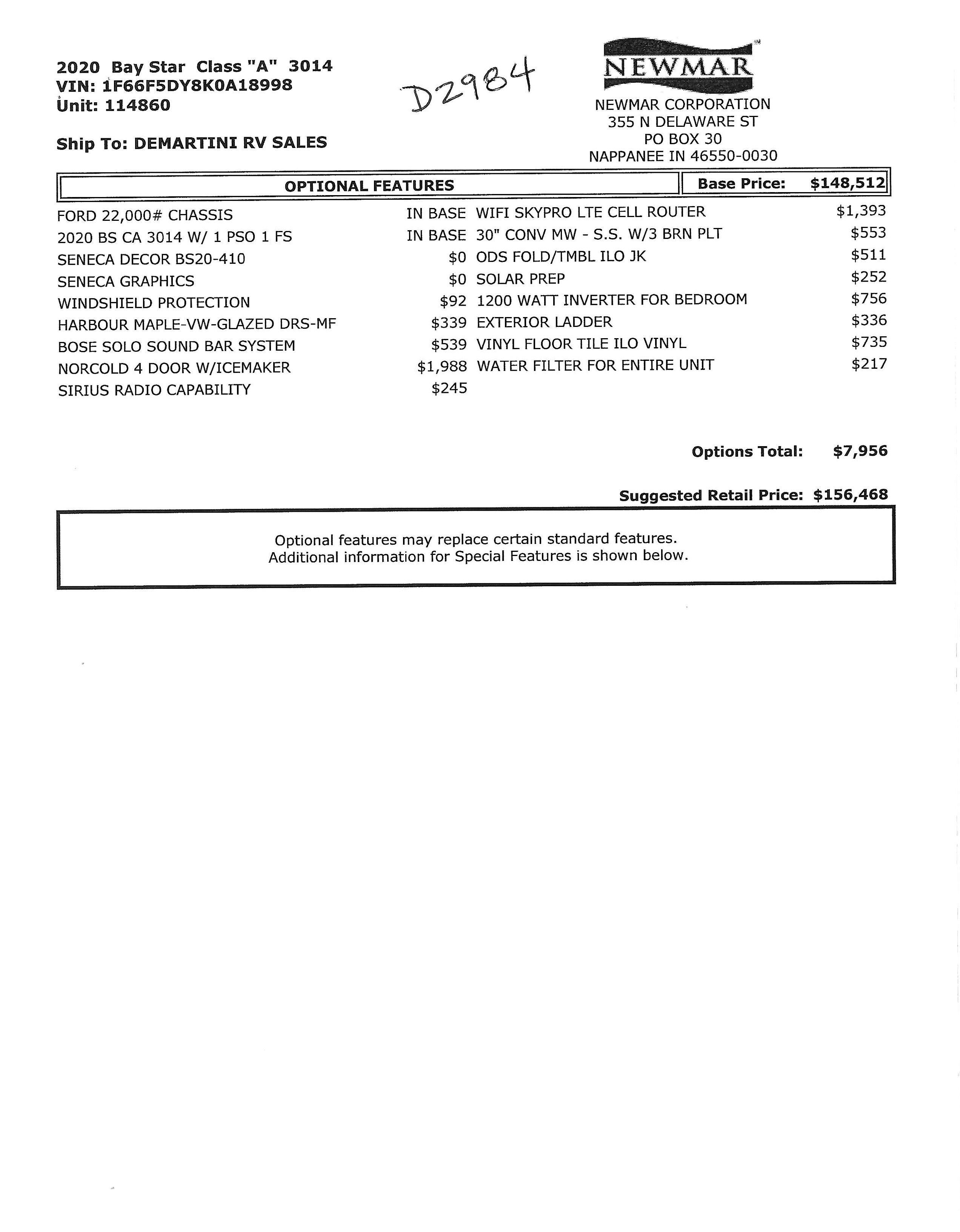 2016 Newmar Dutch Star 4002 MSRP Sheet
