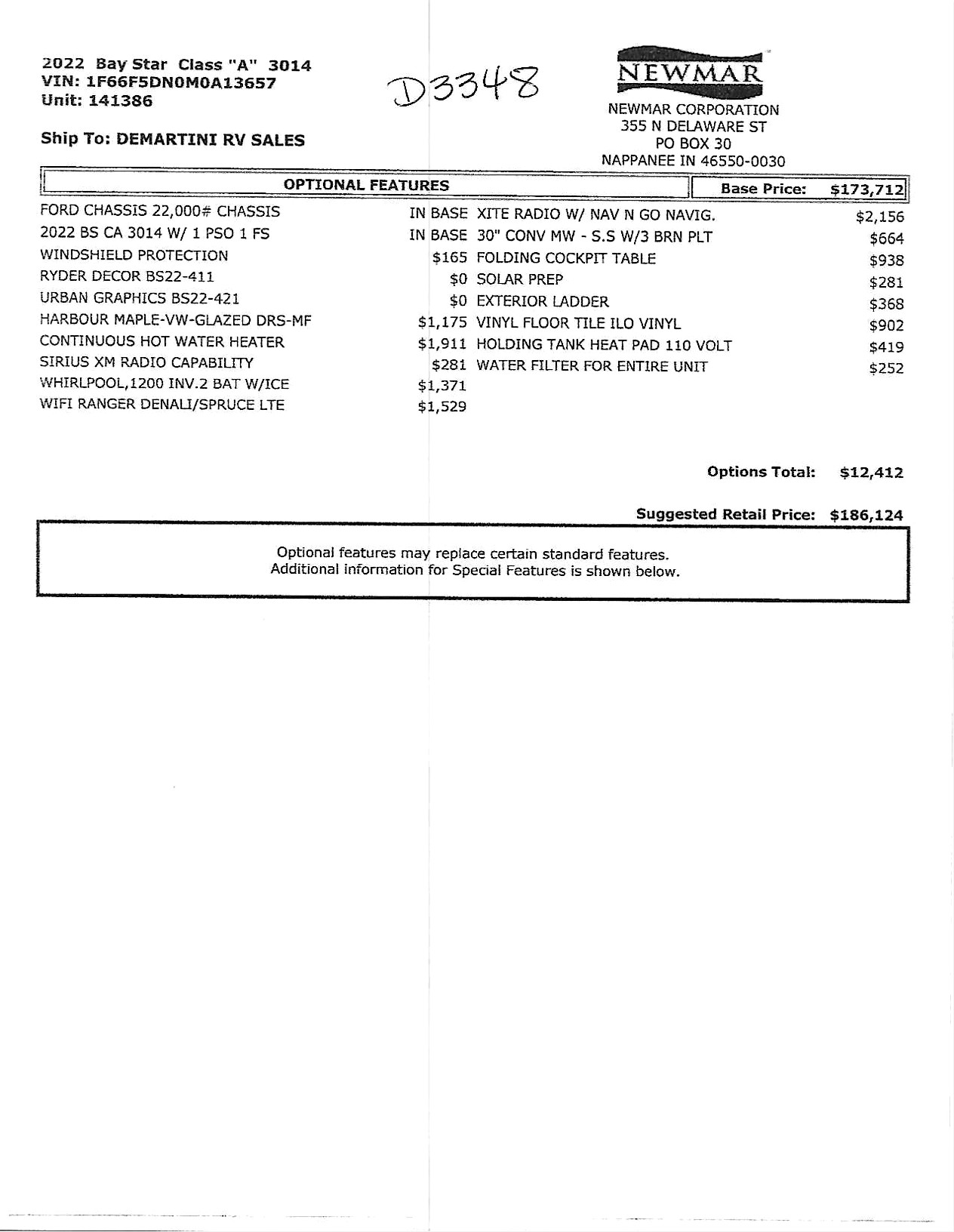 2022 Newmar Bay Star 3014 MSRP Sheet