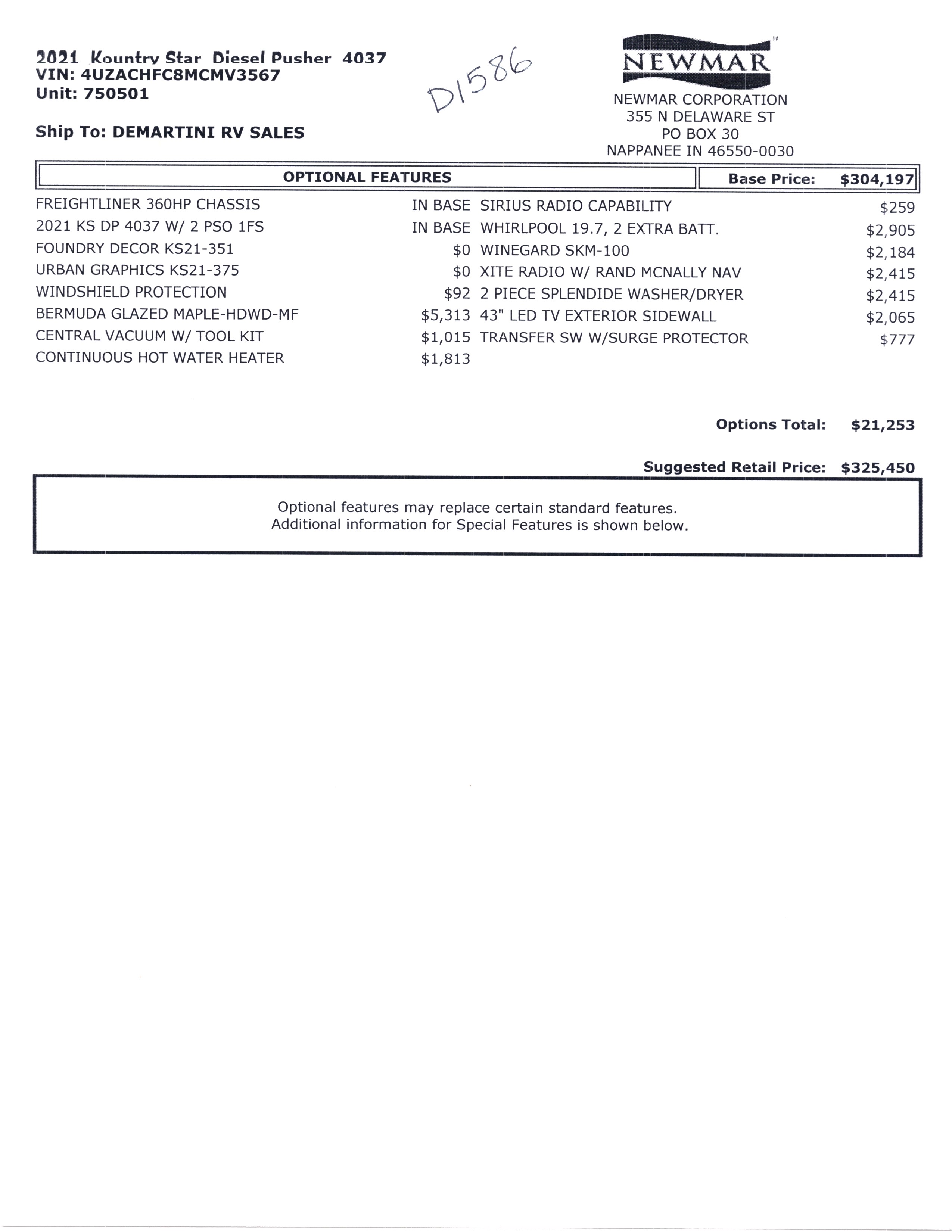 2021 Newmar Kountry Star 4037 MSRP Sheet