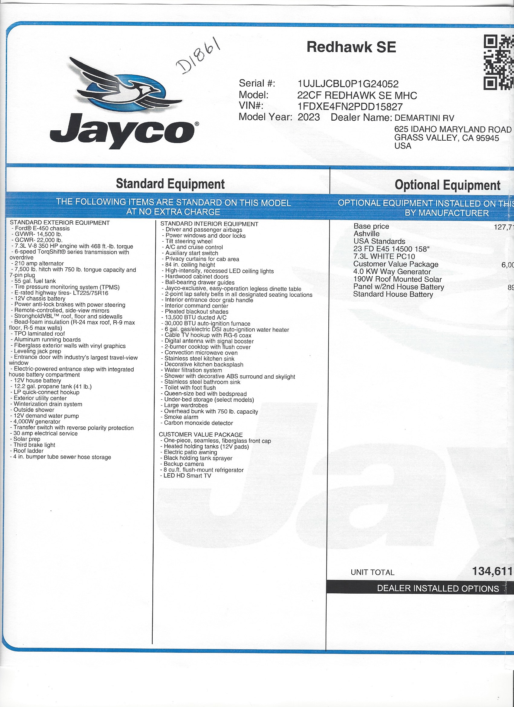 2023 Jayco Redhawk SE 22CF MSRP Sheet