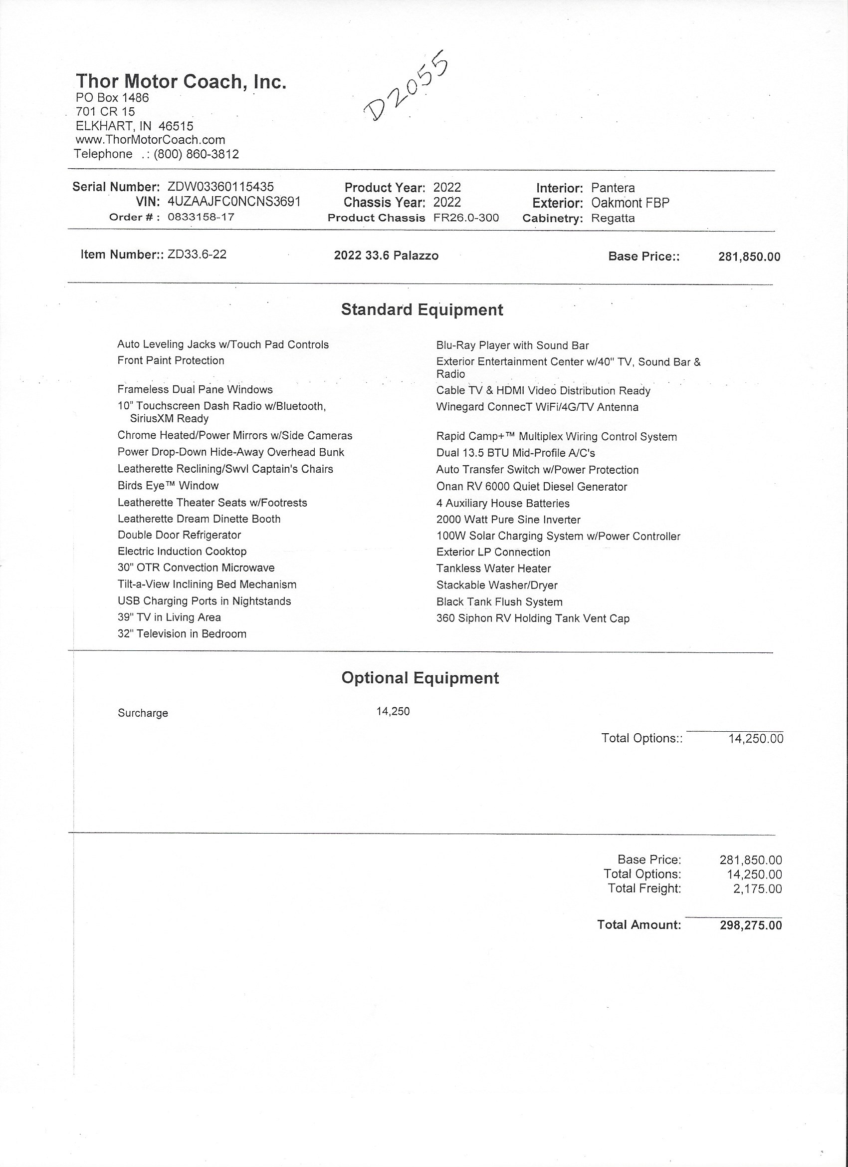 2022 Thor Palazzo 33.6 MSRP Sheet