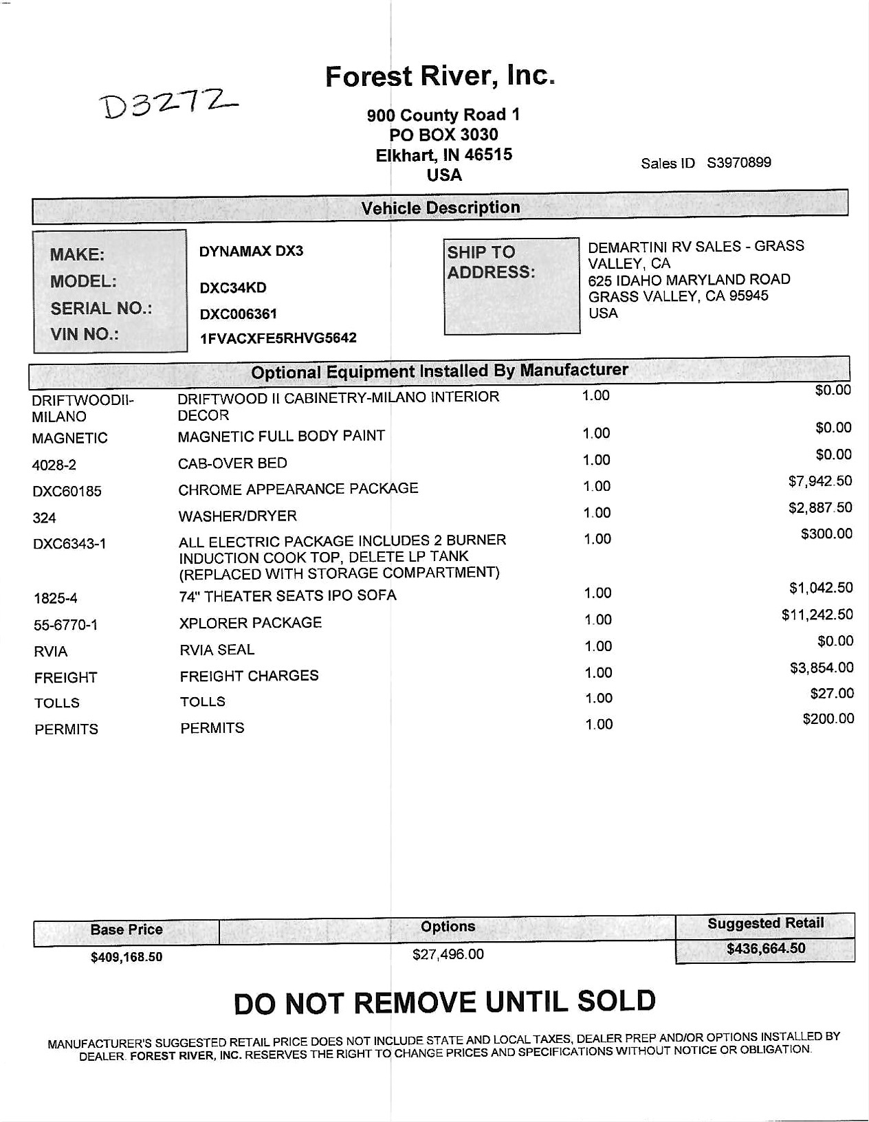 2024 Dynamax DX3 34KD MSRP Sheet
