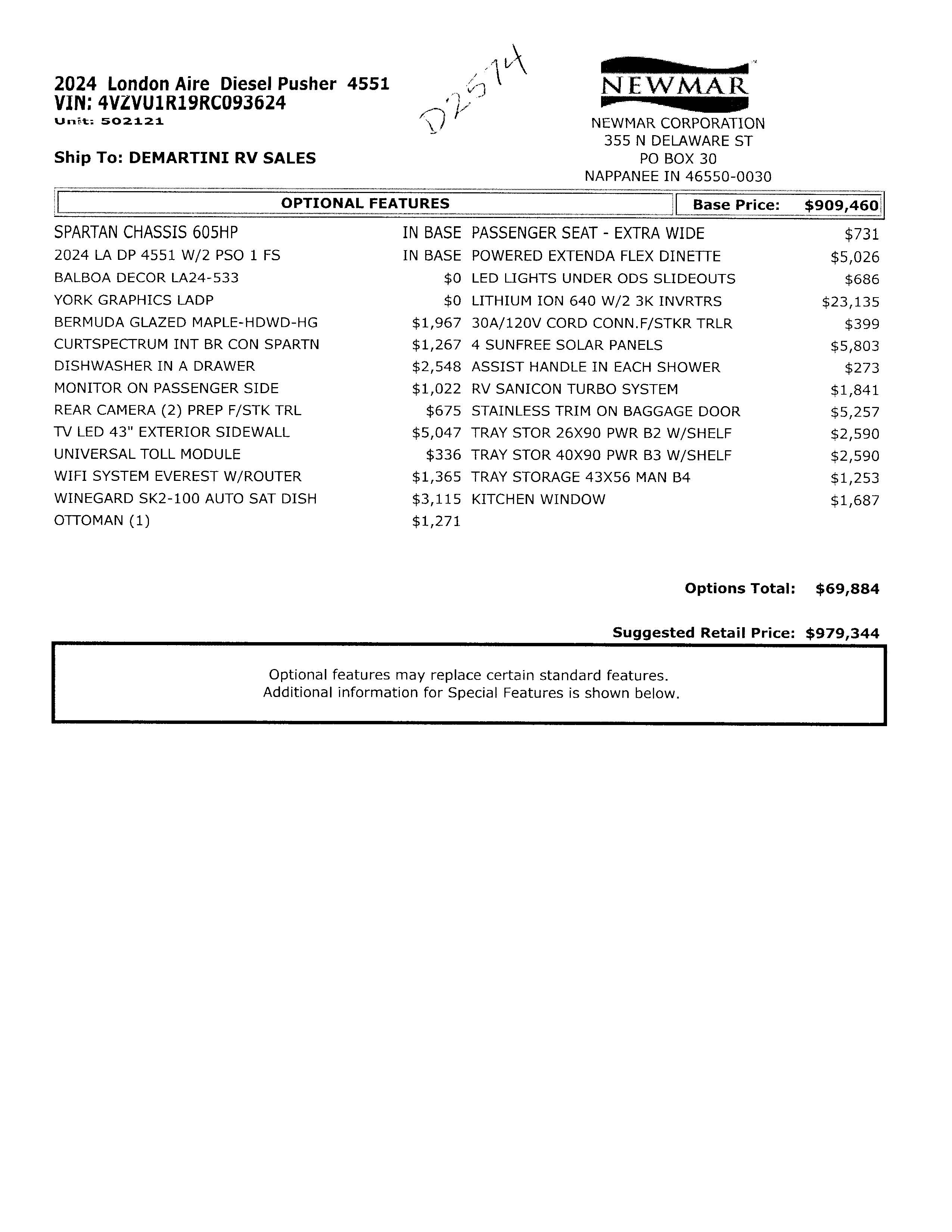 2024 Newmar London Aire 4551 MSRP Sheet