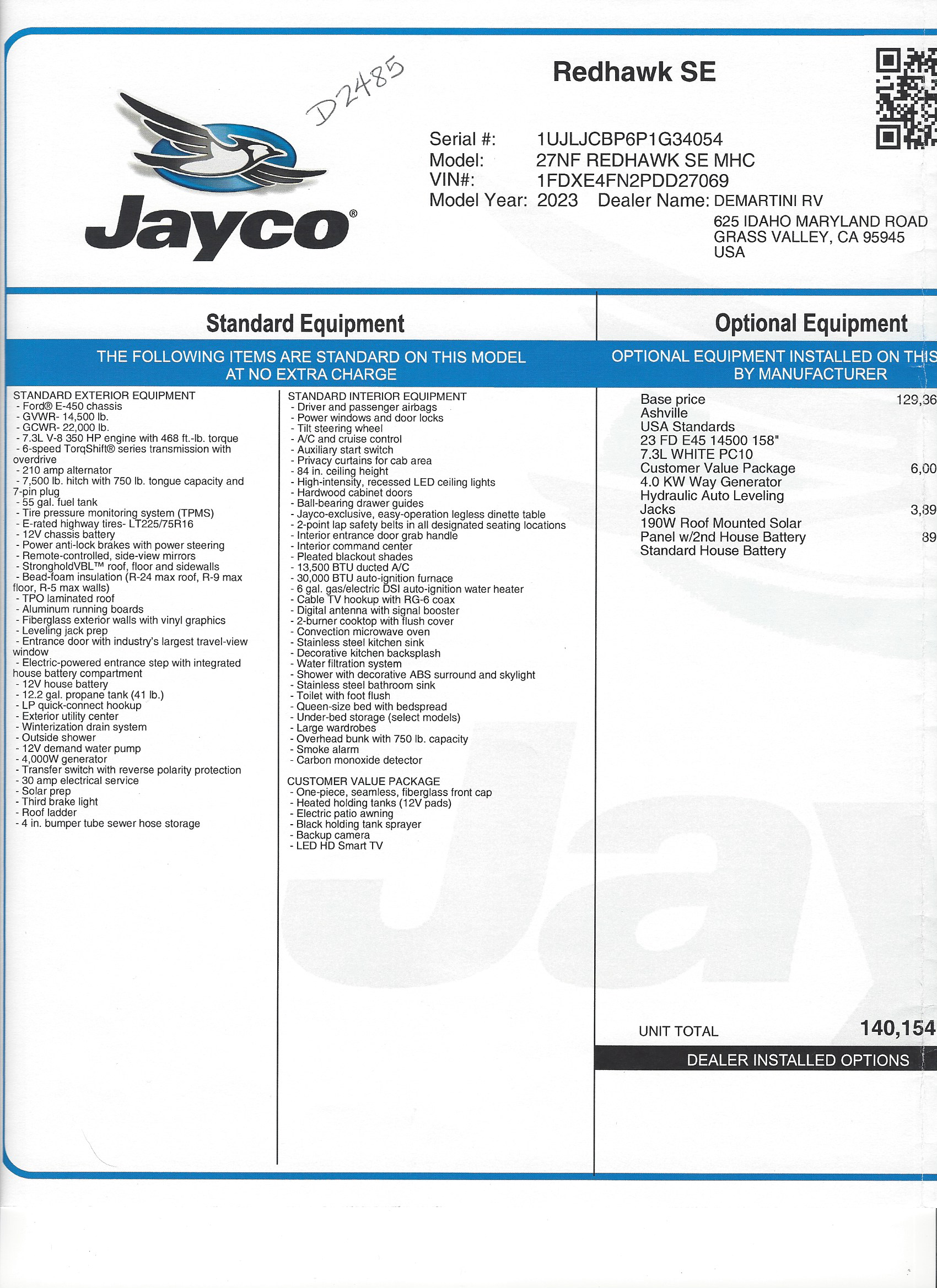 2023 Jayco Redhawk SE 27NF MSRP Sheet
